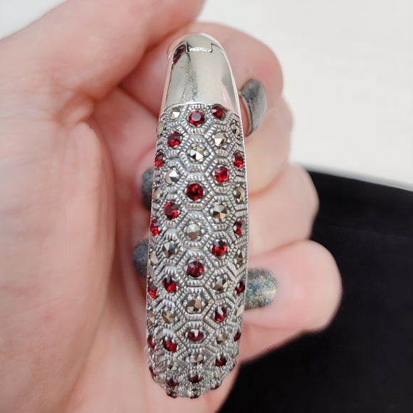 1930's Art Deco Sterling Silver Red Paste Rhinestone Marcasite Hinged Bracelet - Picture 15 of 16